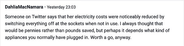 The tips shared by forum users ranged from using 0 per cent credit cards to pay for essentials like insurance to switching electrical devices off at the socket