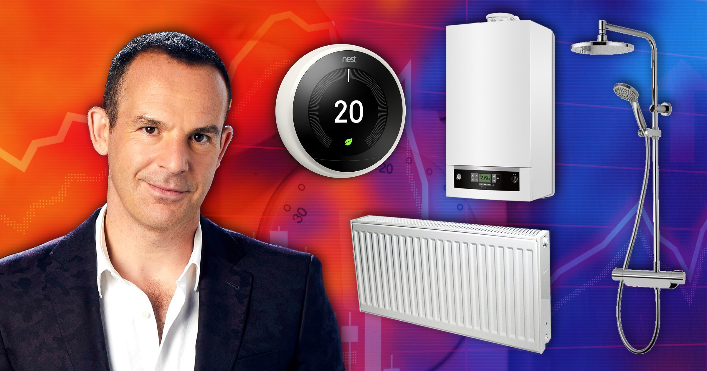 Money expert Martin Lewis next to a selection of heating products, including a boiler, a Nest dial, radiator and shower.