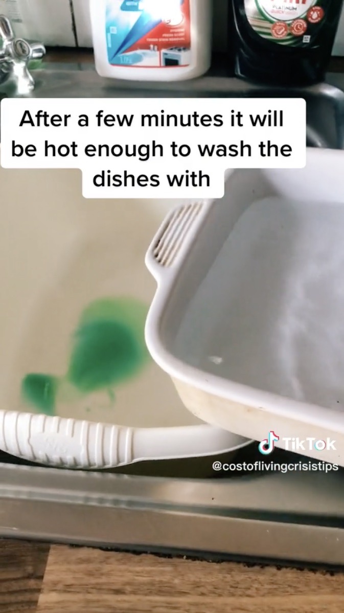 He then used the warm water to clean his dishes